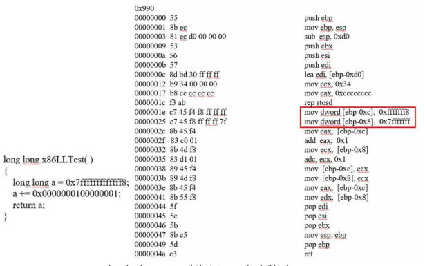 long long타입 소스코드와 어셈블리 코드