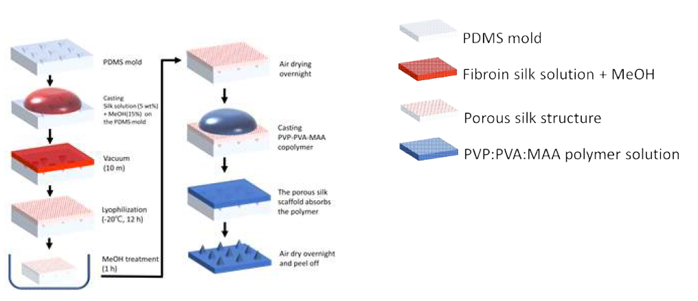 silk porous scaffold 제작 과정과 PVP-PVA-MAA 폴리머를 이용하여 뼈대를 채워 최종적인 마이크로 니들 어레이를 제작하는 과정. PDMS 몰드의 크기 (base area × height: 400 × 400 × 780 μm). Silk fibroin 용액은 문헌을 참고하였다(Rookwood, et al. , Nature protocols, 2011)