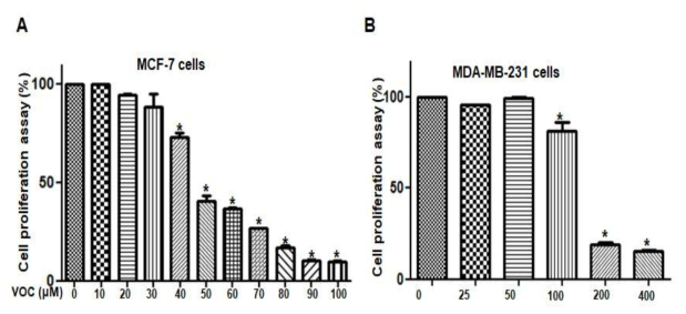 cis-hexenal의 유방암세포 성장억제 효과 (A) MCF-7 (B)MDA-MB-231 cells