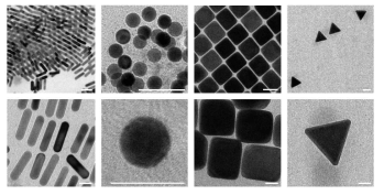 투과전자현미경으로 확인한 금 나노입자(왼쪽부터 막대형, 구형, 정육면체형, 삼각형). 스케일바 = 50 nm(윗열), 20 nm(아랫열).
