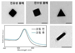 고분자 코팅한 정육면체형, 삼각형, 막대형 금 나노입자(왼쪽부터 오른쪽으로)의 투과 전자현미경 이미지와 코팅 전후의 정육면체형 금 나노입자의 흡수파장 변화. 스케일바 = 50 nm