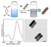 TCNQ 분자층의 금 나노 막대 합성 개요도, 흡수파장, 전자현미경 이미지. 스케일바 =20 nm