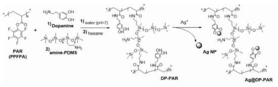 도파민과 amine-PDMS로의 표면개질반응 및 은나노입자 합성 모식도