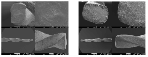 HyFlex EDM file의 torsional fracture(좌)와 cyclic fatigue fracture(우)의 전자주사현미경 사진. Torsional fracture의 단면에서 특징적인 fibrous dimple이 형성되고, 측면에서 나사산의 변형이 관찰된다. 반면, Cyclic fatigue fracture에서 overload fast fracture zone이 나타나며, 측면 사진에서 나사산의 변형 없이 fatigue crack이 관찰된다