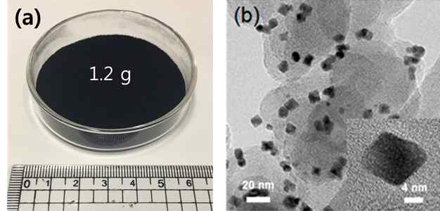 gram scale로 합성된 백금 증착된 팔면체 백금-니켈 촉매의 (a) 모습, (b) TEM 결과