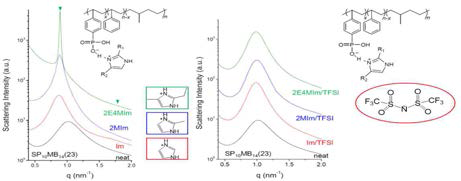 인산화된 블록 공중합체에 양이온, 음이온을 넣었을 때의 SAXS data