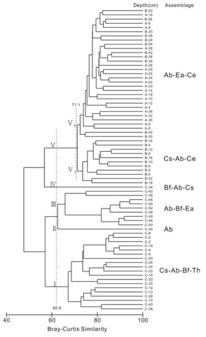 정점 11257, 10863 및 11285의 저서성 유공충 군집 분석 결과 Ab: Ammonia beccarii, Bf: Buccella frigida, Ea: Elphidium advenum, Ce: C. excavatum, Cs: C. subarcticum, Th: Trochammina hadai