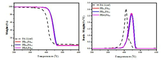 합성 폴리아미드 11 블록 공중합체의 TGA 그래프