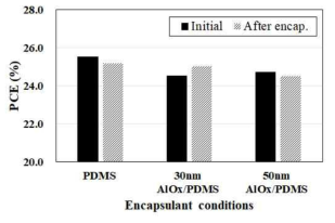PDMS, AlOX(30㎚ 또는 50㎚)/PDMS에 따른 셀-모듈 (CTM) 효율 그래프