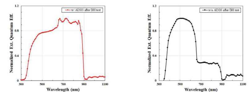 (좌)Al2O3 배리어 박막이 있는 경우, (우) Al2O3 배리어 박막이 없는 경우 제작된 서브모듈의 External Quantum Efficiency (EQE) 결과