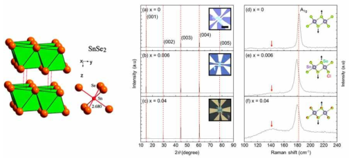 2차원 SnSe2 결정 구조, XRD, Raman 결과