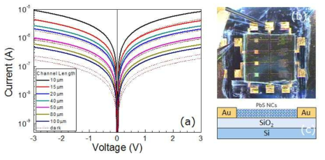 (a) PbS 양자점 소자의 photoconductivity. 10-100 μm 길이의 채널 별 광전류(실선)와 암전류(점선) 결과. (b) 제작된 소자의 이미지 (c) 제작된 소자의 단면