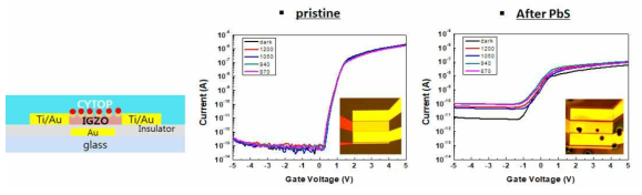 PbS/IGZO 차원 혼합 phototransistor 소자 모식도 및 PbS 양자점 혼합 전후 광전류-전압 특성 곡선