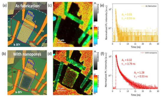WSe2/MoS2 적층 구조 소자 및 나노 패터닝한 소자 이미지 및 시간 분해 형광분석