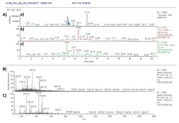 AN081154 균주 배양액 추출물의 LC/MS 분석 결과. A) PDA(a) 및 positive (b) 와 negative (c) total mass spectrum, B) RT 8.9 분 peak의 positive mass 결과 kidamycin와 동일한 m/z 689.2 [M+H]+ C) negative에서 kidamycin와 일치하는 확인되지 않음