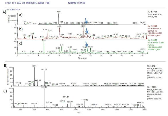 NMC6-F36 균주 배양액 추출물의 LC/MS 분석 결과. A) PDA(a) 및 positive (b) 와 negative (c) total mass spectrum, B) RT 13.4 분 peak의 positive mass 결과 ochratoxin A과 동일한 m/z 404.14 [M+H]+이 확인, C) 동일한 RT peak의 negative mass 402.1 [M-H]-이 확인