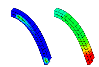 변형 형상에서 접촉 압력(왼쪽)과 온도(오른쪽) 분포