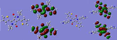 n-type 특성을 가질 수 있는 분자들의 Gaussian 계산을 통한 최적화 구조와 LUMO 및 HOMO의 전자구름