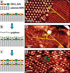 Four-component hybrid multilayer vdW heterostructure. (a-c) Schemes and (d-f) STM images of (a,d) bare and (b,e) graphene-covered co-existing brickwall and ZnPc-filled honeycomb molecular patterns formed by TSB12 molecules directly on HOPG surface, and (c,f) subsequent coverage of this graphene by a second layer of co-deposited ZnPc and TSB12 molecules showing similar assembly. Scale bars: (d-f) 10 nm. Tunnelling parameters: (d) 122pA, 1834mV, (e) 131pA, 1828mV, (f) 166pA, 1906mV