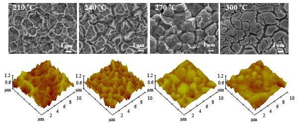 기판 온도 조절을 통한 공기극 기능층 구조변화 관찰 SEM(위), AFM (아래)