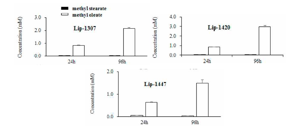 신규효소(Lip1307, Lip1420, Lip1447 )를 이용한 장쇄 tristearin (18:0)과 triolein(18:1)에 대한 선택적 리포밍. Methyl oleate from triolein and methyl stearate from tristearin catalyzed by lipases after 96h. Lip1307, Lip1420, Lip1447 are new lipase from metagenomic library in Korea