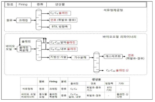 바이오오일 리파이너리와 석유정제공정의 공정도 및 주요 생성물 비교