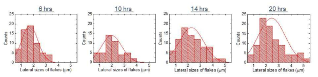 초음파 처리 시간에 따른 환원 그래핀 플레이크의 크기 분포