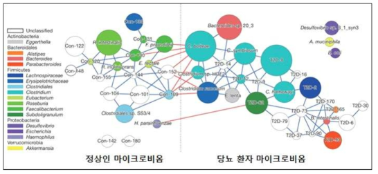 건강인 표준 장내미생물의 멀티오믹스를 분석함으로서 질환별 미생물 군집의 네트워크 차이 확인 가능 예 (Nature, 2012)