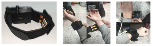 (좌)웨어러블 통합 시스템 구현 및 손목에 (중앙)압력센서와 (우)광센서를 착용하는 모습
