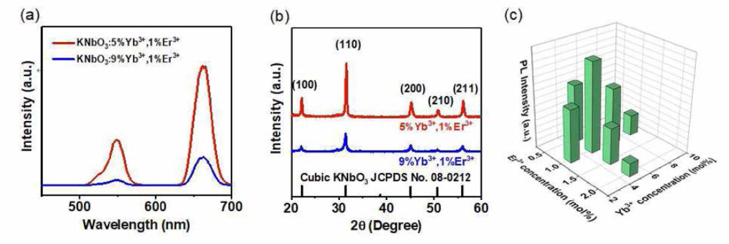 KNb03：9%Yb3+, 1%Er3+ 와 KNb03：5%Yb3+, 1%Er3t+ 분말의 a) upconversion PL 스펙트럼과 b) XRD 패턴. c) 도핑 능도에 따른 KNb03분말의 4F9/2 →4I15/2 transition 강도 비교