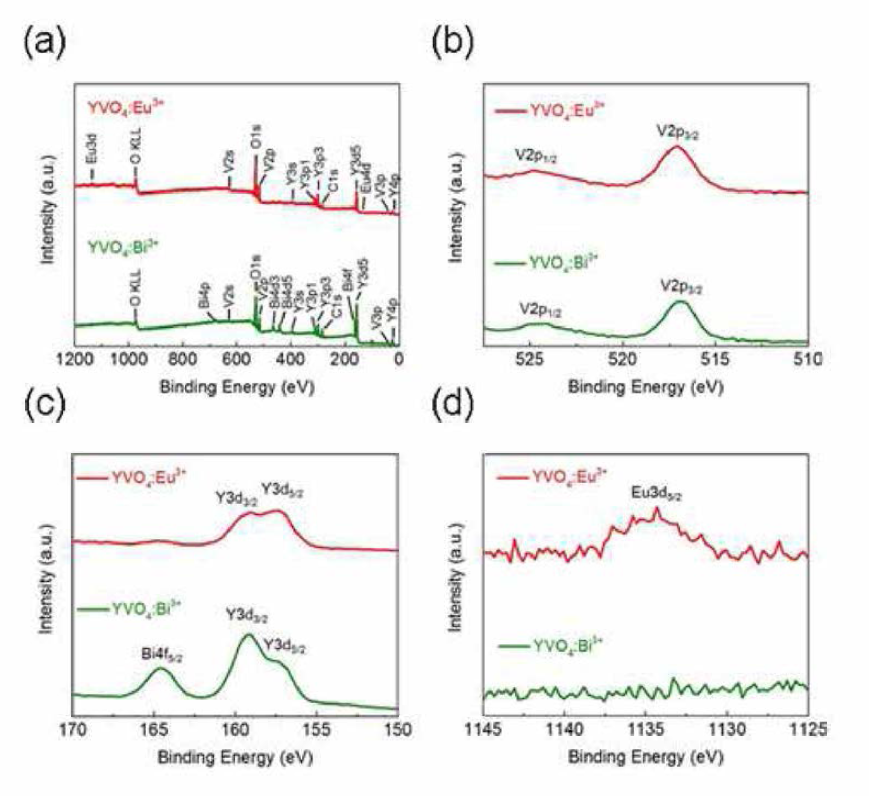 YVO4:Eu3+, YVO4：Bi3+ 박막의 a) 전 구간, b) vanadium, c) yttrium, bismuth, d) europium 구간의 XPS 스펙트럼