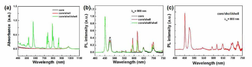 Nd 도핑된 NaGdF4 코어/쉘/쉘 구조의 나노형광체의 (a) 흡수 스펙트럼과 (b) 980 nm 및 (c) 800 nm 여기 하에서의 발광 스펙트럼