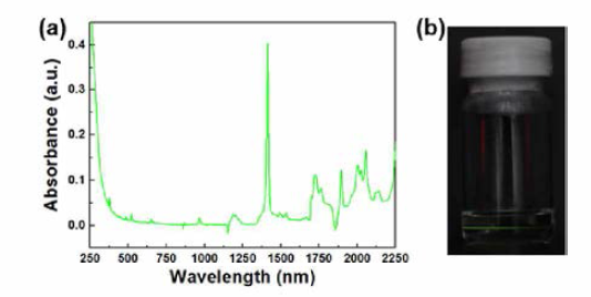 Er 도핑된 up-conversion 나노형광체의 (a) 흡수 스펙트럼 및 (b) 발광 사진