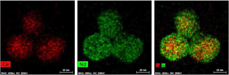 적색 발광 코어/쉘 up-conversion 나노형광체의 EDS map 이미지