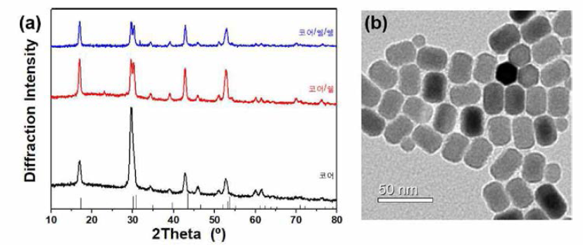 (a) NaGdF4:Yb,Er 기반 코어, 코어/쉘, 코어/쉘/쉘 up-conversion 나노입자의 XRD 패턴 및 (b) 코어/쉘/쉘 up-conversion 나노입자의 TEM 사진