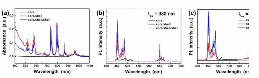 정방정계 청색 발광 up-conversion 코어, 코어/쉘, 코어/쉘/쉘 나노입자의 (a) 흡수 및 (b, c) 발광 스펙트럼 (b: 980 nm 근적외선 여기, c: 800 nm 근적외선 여기)