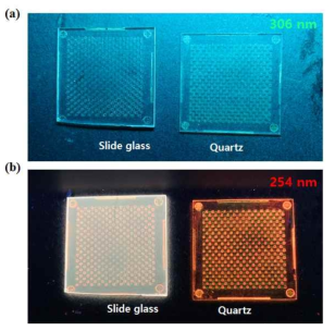 (a) 자외선 306 nm 조사되어 그린으로 발광중인 UV-B, C 자외선 변환필름 (b) 자외선 254 nm 조사되어 레드로 발광중인 UV-B, C 자외선 변환필름