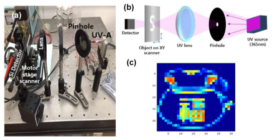 (a) 피사체 스캔을 위한 측정 셋업 과 (b)측정 셋업의 모식도. (c) 측정셋업을 통해 얻은 스캔이 완료된 피사체의 이미지