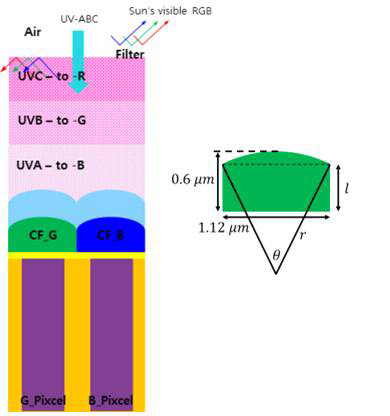 Color filter에 곡률을 적용한 CIS 시뮬레이션 구조도 (left)와 Color filter의 구조 (right)