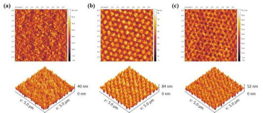 AFM을 통해 분석한 (a)flat, (b)나노콘, (c)역-나노콘 구조의 표면