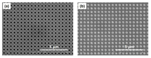 메타구조체의 하부층과 상부층의 금속 패턴 SEM 사진 (a)하부층 금속 패턴 (b)상부층 금속 패턴
