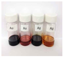 (좌)고농도 및 (우)저농도의 금속나노입자(Au, Ag) 분산 용액