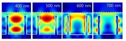 FDTD 광학 시뮬레이션을 이용하여 실리콘 나노튜브 위로 빛 조사 시, 빛의 파장별로 electric field 밀도 분포 관찰