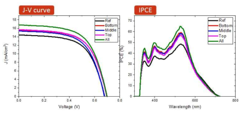 금 나노섬 구조체를 적용한 DSSC의 J-V 특성(좌), Incident Photon to current Conversion Efficiency (IPCE) 결과값 (우)