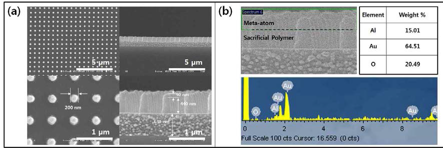(a) Sacrificial polymer 패턴 상부에 형성된 메타아톰의 SEM사진 및 (b) EDS 특성 분석