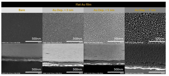 Au/TiO2/Au 구조체의 상부 Au 증착 두께에 따른 열처리 후 agglomeration 비교