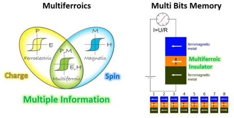 (왼쪽) 전하(Charge)와 Spin이 공존하는 다강체(Multiferroics)의 개념도. (오른쪽) 다강체 물질로 구현되는 멀티-bits 메모리 소자에 대한 개념도