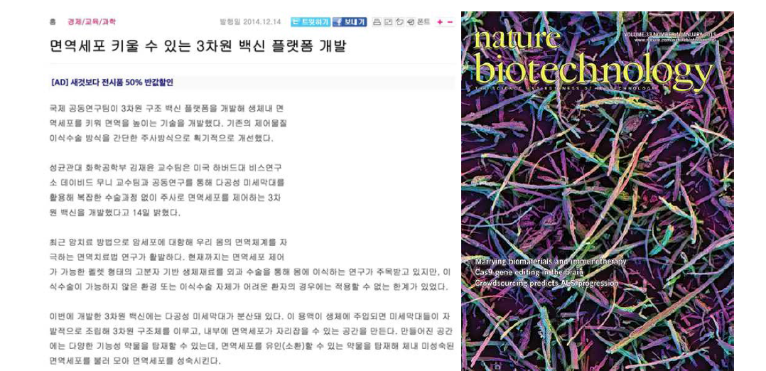 다공성 실리카 입자 기반 항암백신 플랫폼 개발 연구 내용 (Nature Biotechnology 표지논문 선정내용)