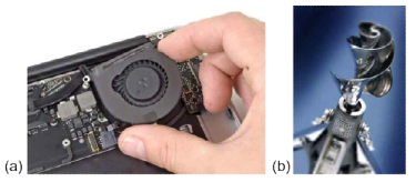 (a) Apple사가 신형 Macbook에 적용한 asymmetric fan; (b) PAX Scientific사의 Lilly impeller