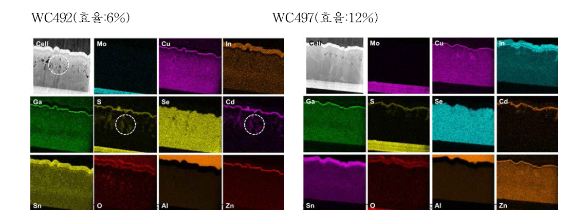 WC492(효율:6%), WC497(효율:12%) 소자의 TEM-EDX mapping 이미지